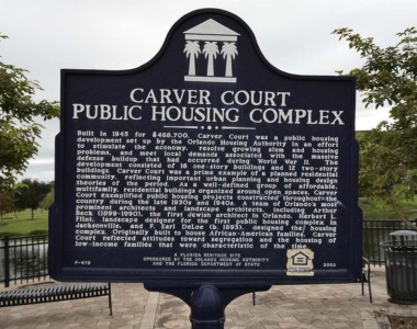 Circa 1945. At the intersection of Gore Avenue and Westmoreland Drive. Carver Court was one of the first housing complex in Orlando funded by the US Government. On the site of a former landfill, 212 units (one and two storys) were built. Carver Court served the affordable public housing needs of Parramore’s and Orlando’s low-income Black families after segregation. The complex stood for over 60 years. In Carver Court’s later years and not immune to crime and drug sales that infiltrated into Parramore, Carver Court was nicknamed “Little Beirut” The complex was demolished in 2002. Carver Court Public Housing Complex c. 1945