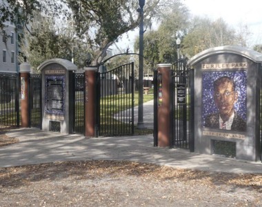 Circa 2009. 619 Parramore Avenue. The park is name in honor of Zellie L. Riley, a prominent Parramore businessman and the founder of the Negro Chamber of Commerce. This lively and colorful green space offers a playground for kids, picnic areas with grills and a large pavilion. As a tribute to Riley and Parramore’s rich history, vibrant glass and ceramic mosaic artwork displays throughout the park. The artwork is the design product of Suzi K. Edwards and the Parramore Kids Zone Youths. Z. L. Riley Park c. 2009